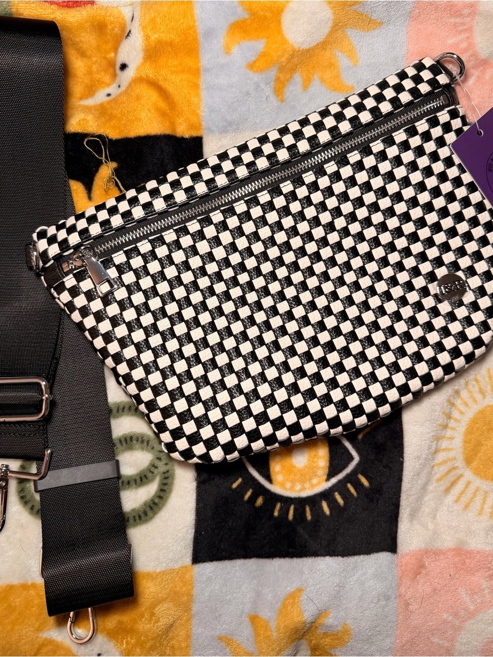 Iris & Rainbow Black & White Woven Checkered Crossbody Bag